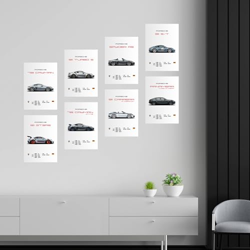 Image of CodersParadise Porsche Sports Cars Wall Posters | 8x12 Inch (A4) Prints | Supercar Wall Art for Bedroom, Living Room, Office & Dining Room | Thick Cardstock Posters + Glue Dots - Pack of 8