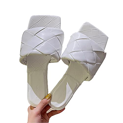 MTFBQ Square Sandals for Women Women's Square Toe Sandals Women Summer Sandals Slippers Open Weave Flats Slip On Cute Sandals for Women Casual Summer Vacation Essentials (Color : White, Size : EUR39)