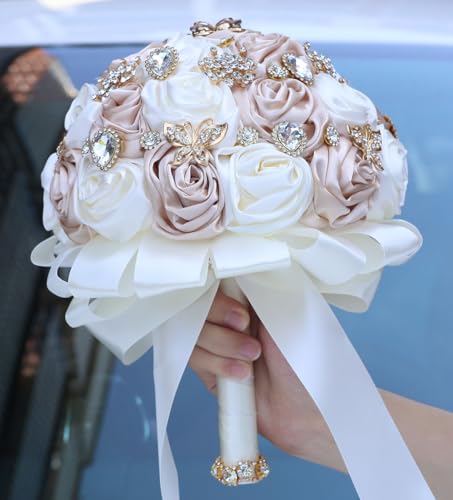Mhojpik 6.3" Brown Beige & Ivory Bridal Wedding Bouquet Round Bling Brooch Bouquet Throw Toss Artificial Rose Flower Bunch for Bride Bridesmaid Wedding Quinceanera