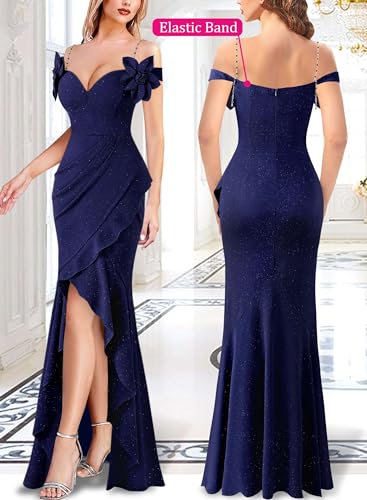 Image of VFSHOW Womens Formal Spaghetti Strap Cold Shoulder Ruched Ruffle Slit Maxi Dress Sexy Sweetheart 3D Flower Prom Evening Gown