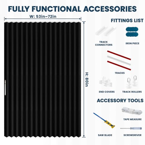 Image of AJAZZ 100% Blackout Sliding Door Curtains for Doorways, Accordion Doors for Doorway, Magnetic Door Curtain for Bedroom Living Room Doorway Curtain Sets Included Tracks (1 Pack, 72W x 80 L, Black)