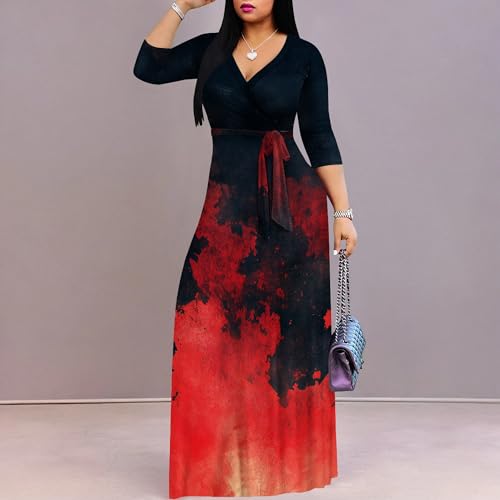 Image of PinkPatty Women's Print Maxi Dresses 3 /4 Sleeve Flowy Long Dress V Neck Wrap Tie Waist Sundress