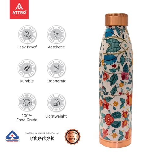 Image of ATTRO Slim Copper Bottle Design Boosts Immunity Leakproof & Lightweight |Anti-Bacterial, BPA Free with Secure Cap for School, Travel, Gym & Work 1000ml Floral Fantasy