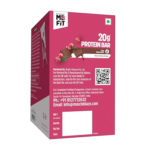 MuscleBlaze 20g Protein Bar (Choco Cranberry, Pack of 6) | Protein Blend, Healthy Protein Snacks | For Energy & Fitness