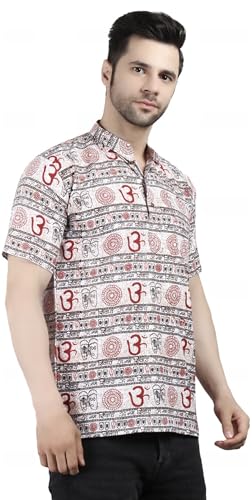 Image of THE MAKKI Trends - Om Printed Kurta for Men & Boys | Cotton Half Sleeve Mahadev Mahakal Kurta T-Shirt for Events, Festivals, and Religious Ceremonies (Regular)