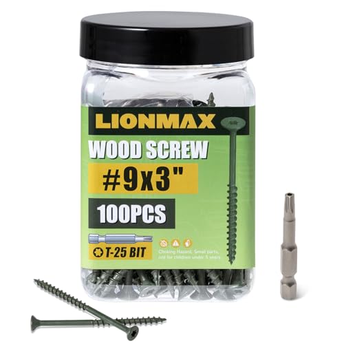 Image of LIONMAX Deck Screws 3 Inch, Exterior Wood Screws #9 x 3, 100 PCS, Green | Rust Resistant, Exterior Epoxy Coated, Outdoor Construction /Fence Screws, Torx /Star Drive, T25 Bit Included
