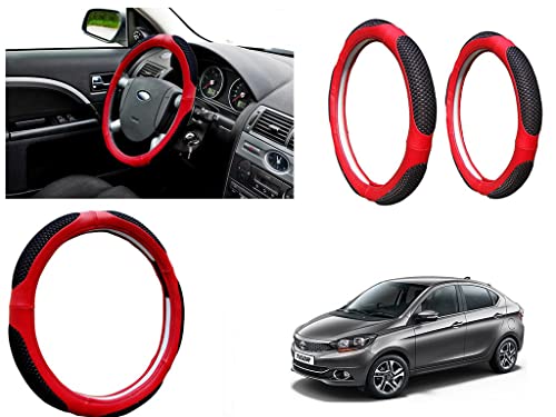 Image of Microfiber Car Steering Wheel Cover, Soft Padding Great Hand Feel, Anti-Slip, Faux Leather Steering Cover for Tata Tigor | Black Red Jali - Pack of 1
