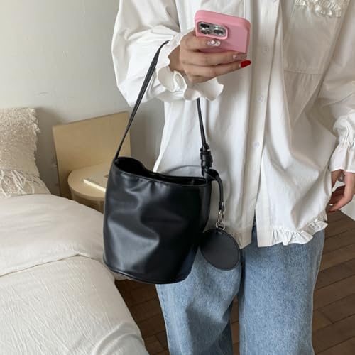 Bucket Bags for Women Vegan Leather Tote Handbag Slouchy Shoulder Bag Hobo Bag Everyday Barrel Satchel Bucket Purse3