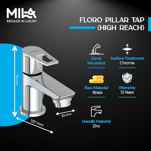 Image of Mila Floro Brass High Reach Pillar Tap | Chrome Finish | 5.3 inch Long Spout Faucet | Ergonomic Single Knob | Anti-Leak inch BSP Spindle | Deck Mounted | Cold Water Use Only | 12-Year Warranty