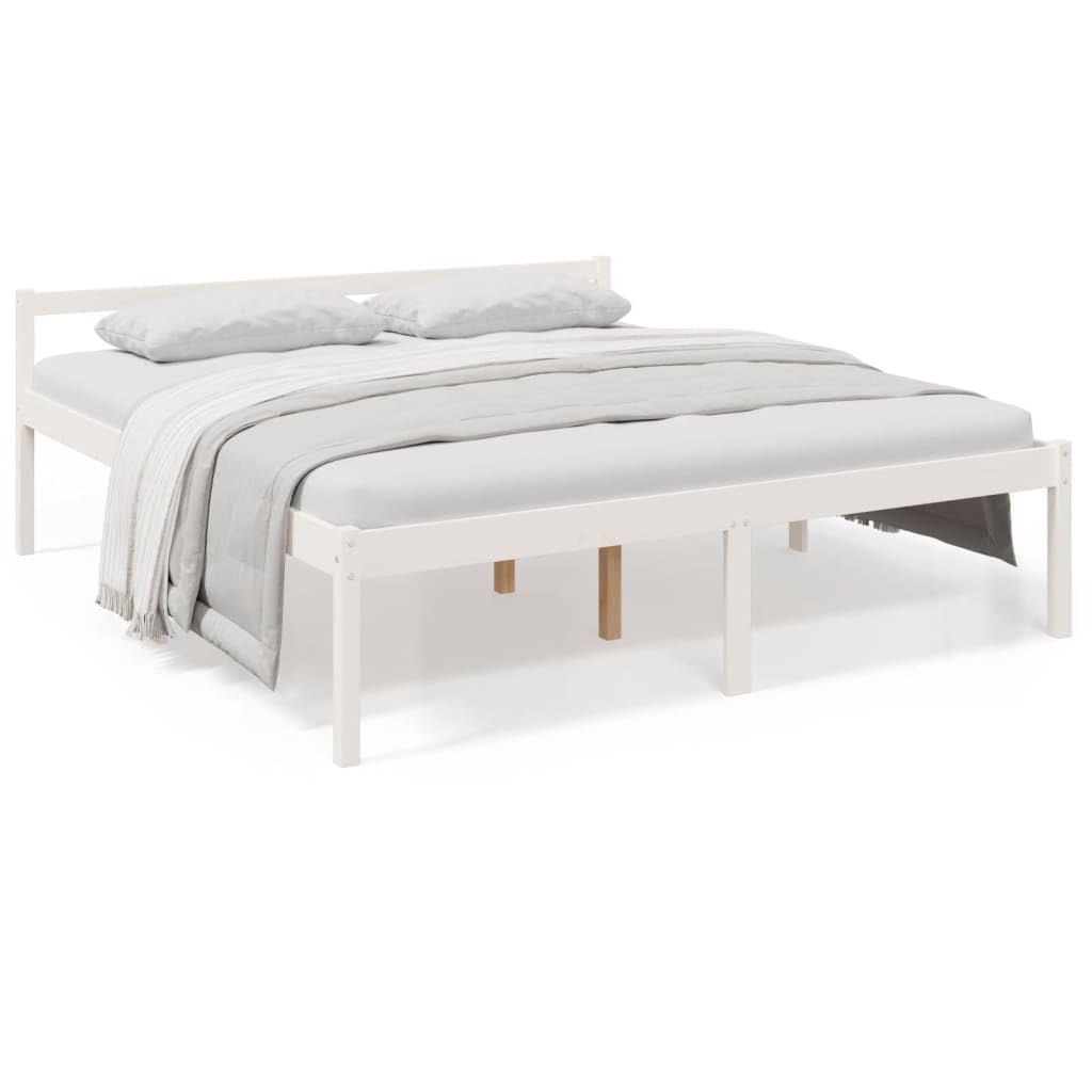 Seniorenbett 180x200 cm aus massivem Kiefernholz, Doppelbett in Weiß, Seniorengerechte Komforthöhe 45 cm, stabiles Bettgestell mit Kopfteil und Stauraum unter dem Bett