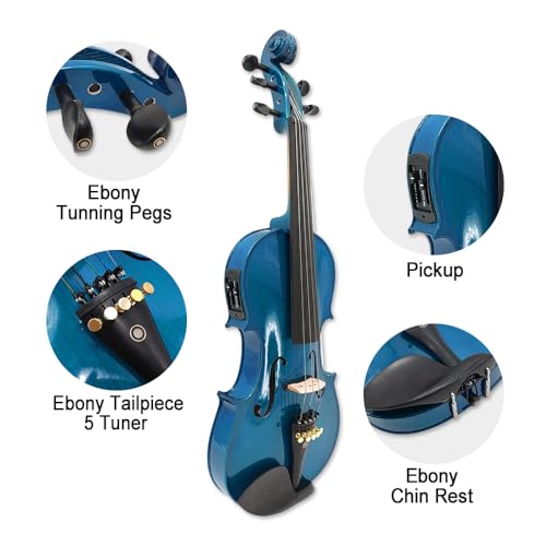 Image of Acoustic Electric Violin 4 /4 Full Size, 5 string Solid Maple Spruce with Ebony Fittings, Free Case and Bow, Beginner Kit for Adults(Blue)