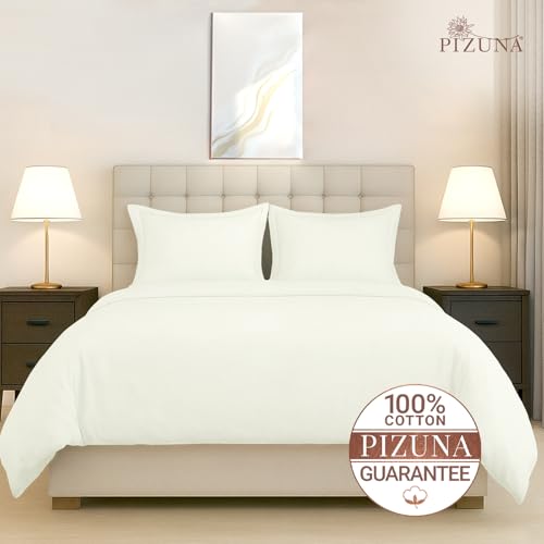 Image of Pizuna 100% Cotton Duvet Cover Double Bed, 400 Thread Count Long Staple Cotton Sateen Weave Quilt Cover 90X100 Inch, Comforter Cover King Size Double Bed with 4 Corner Ties, Off White