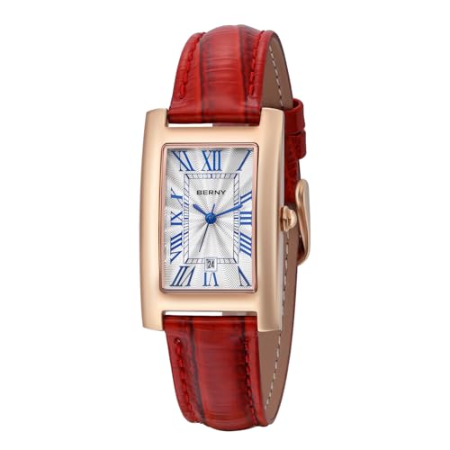 BERNY Quartz Montres pour Femmes Rectangulaire Romaine Numérique Petit Cadran Montres pour Femmes Bracelet en Cuir Souple Montres pour Femmes Bracelet...