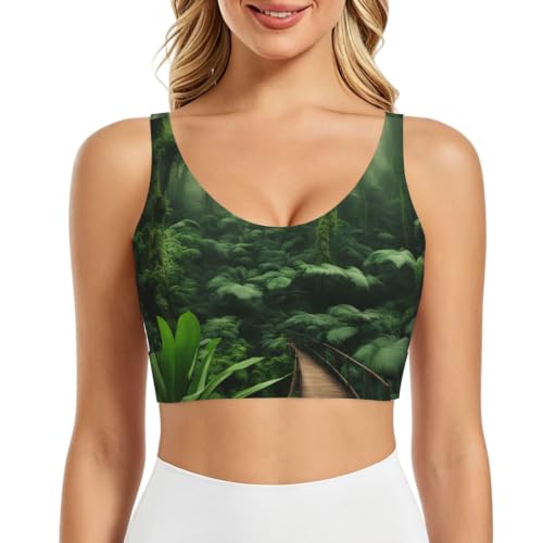 QYUHBNS Brassière de sport pour femme avec imprimé forêt tropicale, légère, respirante, extensible, Noir , S