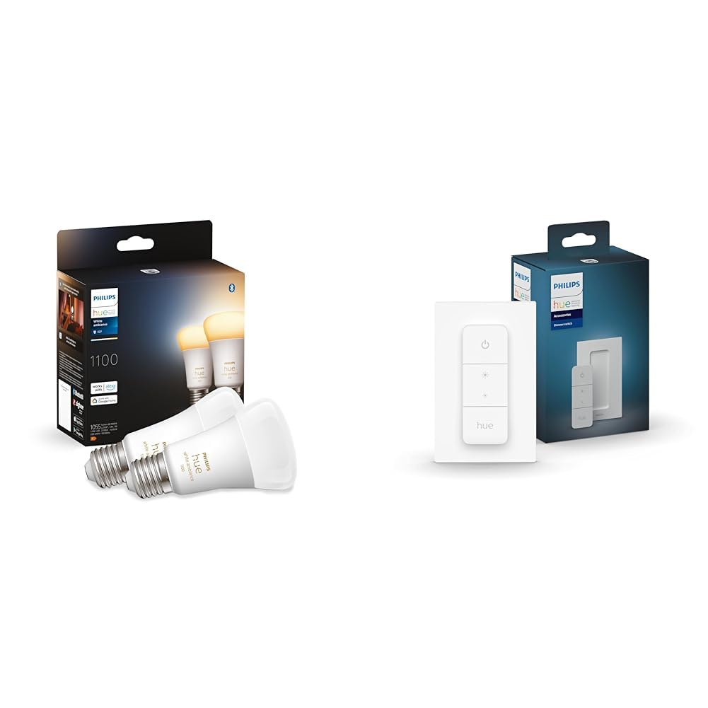 Philips Hue White Ambiance, ampoule LED connectée E27 équivalent 75W, compatible Bluetooth, pack de 2 & Hue Dim Switch Télécommande nomade variateur de lumière V2