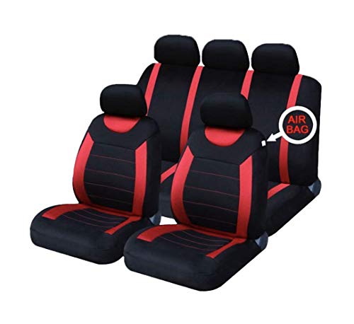 Cloth Car Seat Cover Cloth Material Red and Black 9pc Set Front Rear