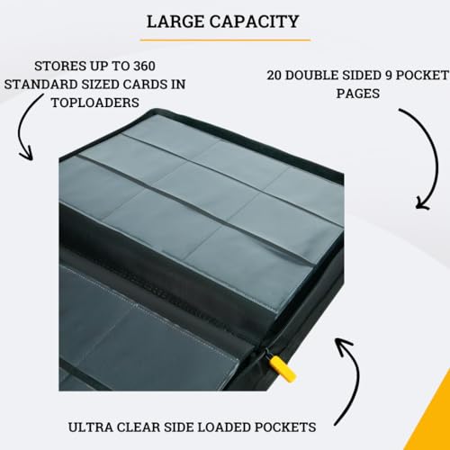 Image of Card Guardian - Toploader 9 Pocket Premium Binder with Zipper for 360 Cards - Side Loaded Pockets - Compatible with Sports and Trading Cards TCG (Black)