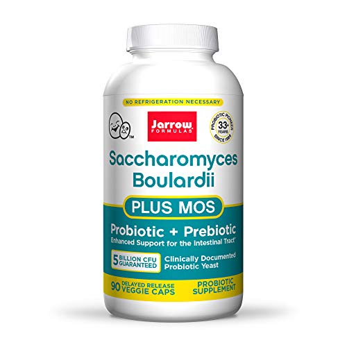 Jarrow Formulas Saccharomyces Boulardii + MOS - 5 Billion CFU Per Serving - Probiotics + Prebiotic Supplement - Intestinal Tract Support - Up to 90 Servings (Delayed Release Veggie Caps)