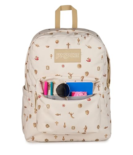 Image of JanSport SuperBreak Plus Backpack with Padded 15-inch Laptop Sleeve and Integrated Bottle Pocket - Spacious and Durable Daypack for Work and Travel, Gilded Relics Moon Flower /Gold