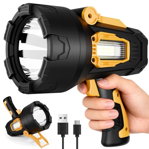 polisak Rechargeable Spotlight Flashlight 2 000 000 Lumens Super Bright LED Spot Lights Outdoor with COB Light & Foldable Tripod Long Lasting Handheld Searchlight for Marine Boating Camping Work