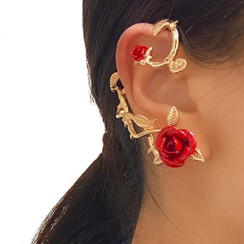 Vintage Rattan Rose Thorns Ear Hook Retro Flower Cimber Branch Wrap Cuff Earrings Around Earrings Leaf Plant Clip Earrings For Women Girls Jewelry-A Gold #TOP4