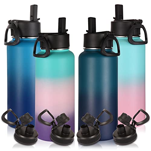 Image of Volhoply 32 oz Water Bottles Bulk 4 Pack with Straw Lid & Spout Lid,Insulated Sports Water Bottle,Double Wall Vacuum Stainless Steel Cups,Leakproof Wide Mouth Metal Flask for Travel(Assorted,4)