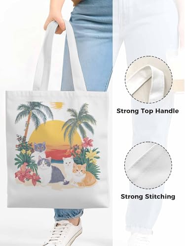 Canvas Tote Bag for Women,Cute Cat Flower LeavesBeach Coconut Tree4