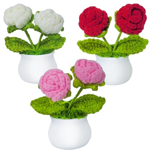 KELOVEYU 3 PCS Crochet Flowers Artificial Sunflower Small Potted Plants for Home Desk Car Office Decor Birthday for Mom Teacher Women Friends (2 Heads Roses)