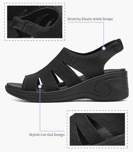 Image of Womens Wedge Sandals Platform Walking Sandals Open Toe Ankle Elastic Strap Casual Comfortable Summer Dressy