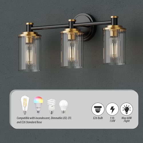 Image of Bathroom Lighting Fixtures Black and Brass Bathroom Vanity Light with Cylindrical Clear Stripes Glass Lampshade E26 Socket Base Bathroom Lighting Fixtures Over Mirror (3 Lights)
