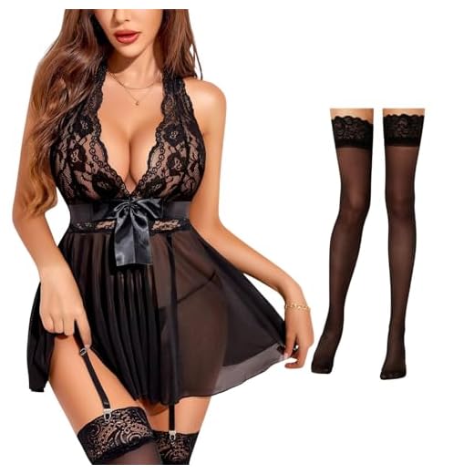 ROSVAJFY Femme Nuisette Sexy Maille Dentelle Halter Lingerie Col V Profond avec Porte-Jarretelles,Chemise Nuit Dos Nu Coquin Hot Babydoll Nœud Mini Robe Vêtement de Nuit (Noir, Taille Unique)