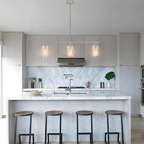 Etonimerr Modern Farmhouse Chandelier Light Fixture Brushed Nickel 3-Light Linear Chandelier With Glass Shade, Industrial Pendant Lighting For Kitchen Island Dining Room Living Room #TOP5