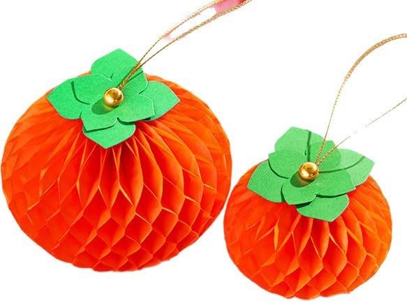 Persimmon Honeycomb Paper Hanging Ornaments, Chinese New Year Decoration, Spring Festival Lucky Ornaments with Gold String, 12 Pack