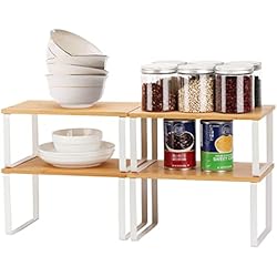 Estanteria Sobremesa Cocina iarack Organizador de estantes de Armario de bambú en Paquete de 4 - Estante de Almacenamiento expandible y apilable para armarios, Cocina, baño y salón - Blanco