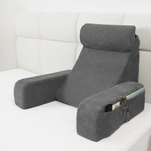 Vekkia Reading Pillow,Back Pillow for Bed Sitting Up Adult,Backrest Support Pillow with Build-in Arms & XL Pockets,Rest Chair for Reading,Gaming,Relaxing,Working or Watching TV in Bed/Floor-19'' Grey