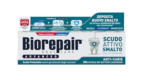 Biorepair, Advanced Zahnpasta mit aktivem Schild gegen Karie, 12 Packungen à 75 ml, gegen Milben und Bakterien, bekämpft Plaque und Karie, schützt den Lack vor bakterieller Aggression