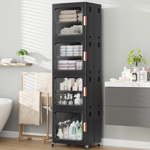 Image of BROVIEW 4-Tier Tall Narrow Storage Cabinet 14.6 inch Wide, Slim Bathroom Cabinets with Adjustable Shelves and Doors, Plastic Kitchen Pantry Organizers and Storages for Small Space, Laundry, Black