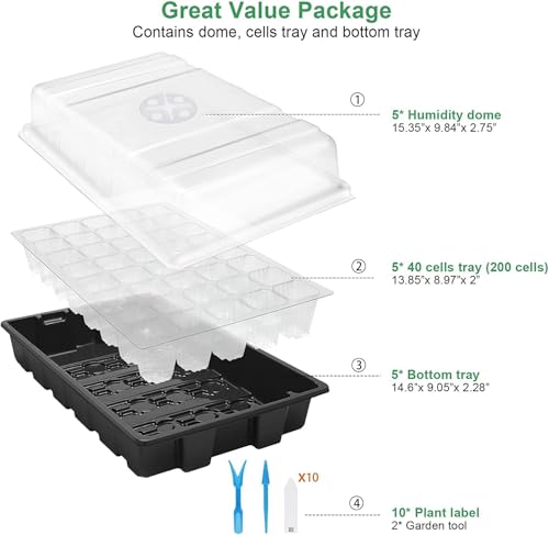 Image of MIXC Seedling Trays Seed Starter Tray, 5-Pack Mini Propagator Plant Grow Kit Greenhouse with Humidity Vented Domes and Base for Seeds' Starting (40 Cells Per Tray, Total 200 Cells), Black