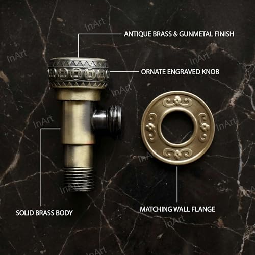 Image of InArt Zinc Angle Cock Valve for Bathroom & Kitchen | Stop Cock with Wall Flange | Antique Brass Finish (Antique Bronze) - 5 Year Warranty
