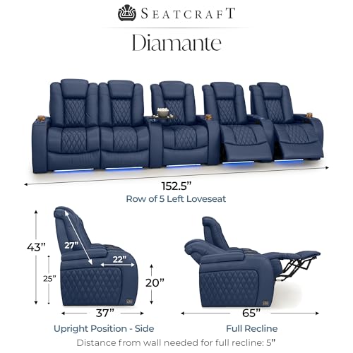 Image of Seatcraft Diamante Navy Blue Italian Leather Home Theater Seating, Zero Gravity Power Recliner, Gaming and Home Office Chair, Powered Headrest Furniture for Cinema Room, Row of 5 Left Loveseats