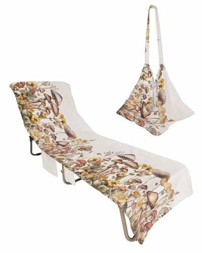 Vintage Mushroom Beach Lounge Chair Towel Cover, Soft Chaise Lounge Towel with Side Pockets Patio Pool Chairs Cover for Beach/Pool Sunbathing 29x85 Farmhouse Summer Botanical Floral
