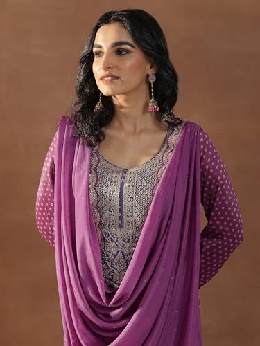 Image of Libas Womens Printed Silk Blend Straight Kurta With Trousers and Dupatta