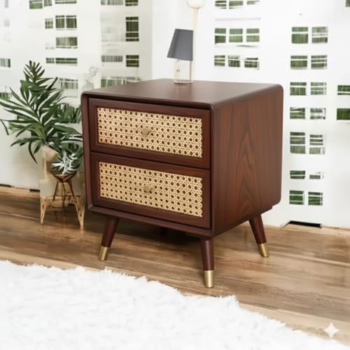 Image of MISAN Boston Solid Wood Bedside Table with Rattan Drawers Mid Century Night Stand for Living Room, Bedroom (S - Walnut)