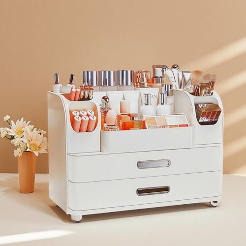 Makeup Organizer with Drawers for Vanity,Bathroom Countertop Organizer with Brushes Holder,Skincare Storage Organizer,Perfect Cosmetic Display Case for Skincare,Lipstick and Beauty Essential