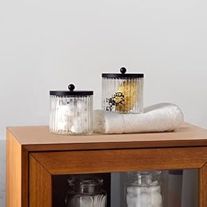 KMwares 2-Pack Glass Qtip Holder Dispenser Set - Bathroom Canister Storage Organizer for Cotton Balls, Swabs, Floss Picks, and Makeup Sponges with Matte Black Metal Lid - Clear Vanity Apothecary Jars KMwares 2 Pack Glass Qtip Holder Dispenser Set Bathroom Canister Storage Organizer for Cotton Balls Swabs Floss Picks and Makeup Sponges with Matte Black Metal Lid Clear Vanity Apothecary Jars