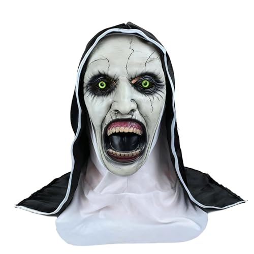 Elemirance Scary Nun Mask with Head scarf Creepy Open Mouth Evil Movie Character Face Masks for Halloween Party Props
