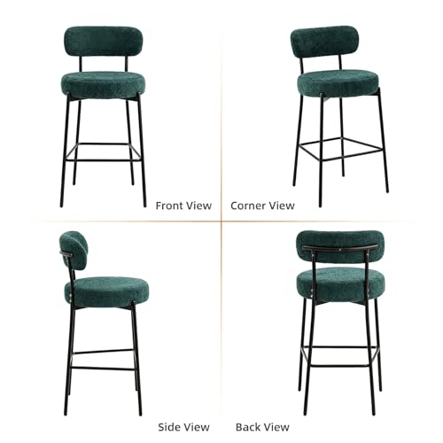 Image of Bar Stools, 30 inch Tall Bar Stools Set of 4, Boucle Upholstered Counter Height Bar Stools, Modern Bar Chairs Metal Frame with Back and Footrest for Kitchen Island,Green Barstools