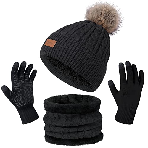 YSense Women 3 in 1 Winter Hat Scarf Glove Set Warm Fleece Lined Knit Beanie Hat Touchscreen Gloves and Neck Warmer, Black, Large