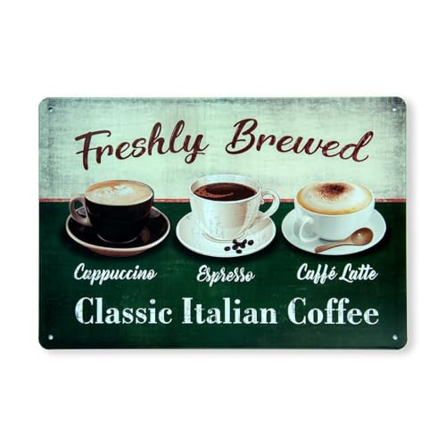 Image of Decorative Retro Metal Signs Wall Plate - 12x8 Inch (Freshly Brewed Coffee) | Weatherproof Vintage Metal Sign Plate for Cafe, Home, Bar, Garage | Decorative Wall Hanging Sign Board