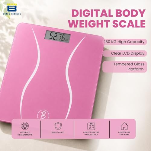 Image of Btag Premium Digital Body Weight Scale | 26x26 cm Wide Platform | Clear LCD Display | Anti-Skid Base | 180 kg Capacity S-Shape Design (Pink)